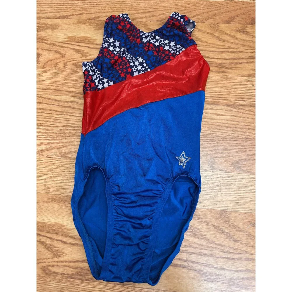Pre-Owned Dance Gymnastics Leotard GK Stars Large Child Patriotic Acro Tumbling